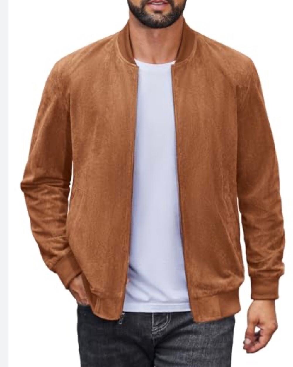 COOFANDY Men Faux Suede Bomber Jacket Full Zip Casual Vintage Coat Size L New